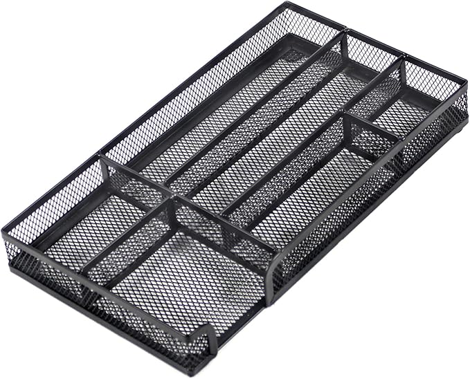Desk Drawer Organizer Tray, Small Metal Mesh Desk Organizer Tray with 6 Compartments, Office Pencil Drawer Organizer Accessories for Stationery, Desktop, Bathroom, Kitchen, Makeup, Vanity, School
