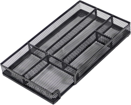 Desk Drawer Organizer Tray, Small Metal Mesh Desk Organizer Tray with 6 Compartments, Office Pencil Drawer Organizer Accessories for Stationery, Desktop, Bathroom, Kitchen, Makeup, Vanity, School