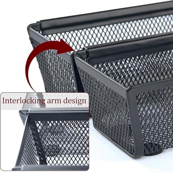 4PCS Drawer Organizer for Kitchen,Utensil Mesh Drawer Organizer with Interlocking Arm for Cosmetic,Flatware,Pen (9 * 3 * 2 Inches,Black)