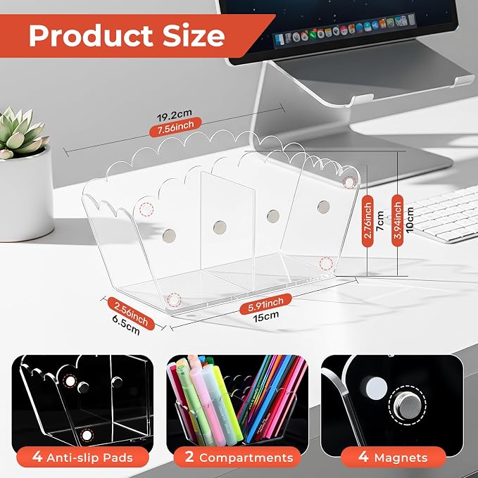 Chivalral Magnetic Side-Mount Acrylic Pen Holder - 2-Compartment Scalloped Organizer with Blackboard Attachment for Office, Classroom & Home Use