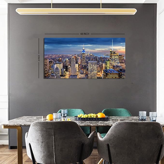 Large New York City Wall Art NYC Skyline Picture Office Wall Decor Modern Manhattan Cityscape Canvas Prints Night City Urban Skyscraper Panoramic Artwork for Bedroom Living Room Home Decoration 24x48"