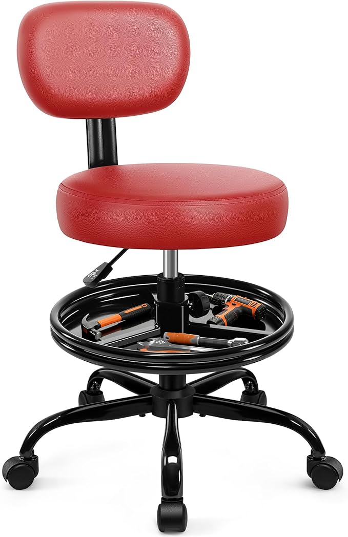 Shop Stool with Wheels for Garage, Mechanics Rolling Chair with Backrest, Adjustable Height Heavy Duty Garage Stool with Footrest and Storage Tray, Swivel Task Chair for Workshop Kitchen Salon (Red)