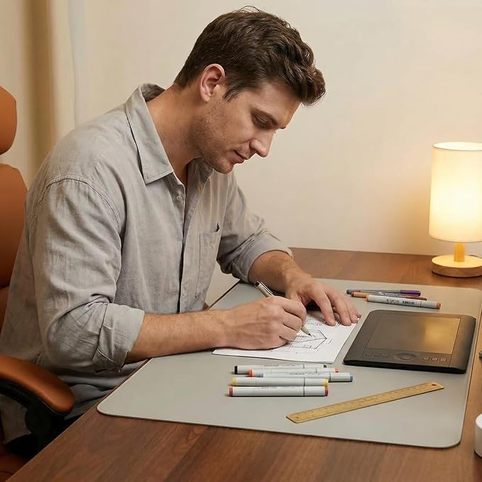 Light Gray Desk Mat, 17" x 36", PU Leather, Waterproof Anti-Slip, Cute Aesthetic Table Pad for Office/Home/Vanity Large