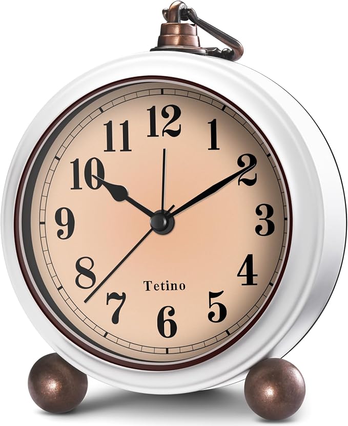 Tetino Analog Alarm Clock,Battery Powered Desk Clocks with Night Light,Silent Non Ticking,Retro Simply Design Alarm Clocks for Living Room, Bedroom, Bedside,Dormitory,Decor,Gift (White)