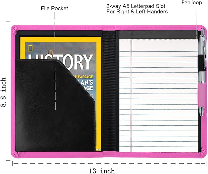 Padfolio/Portfolio Binder, Mini Padfolio Portfolio Binder 5 x 8 Legal Writing Pad, A5 Document Organizer Folder for Men Women, Rose Red