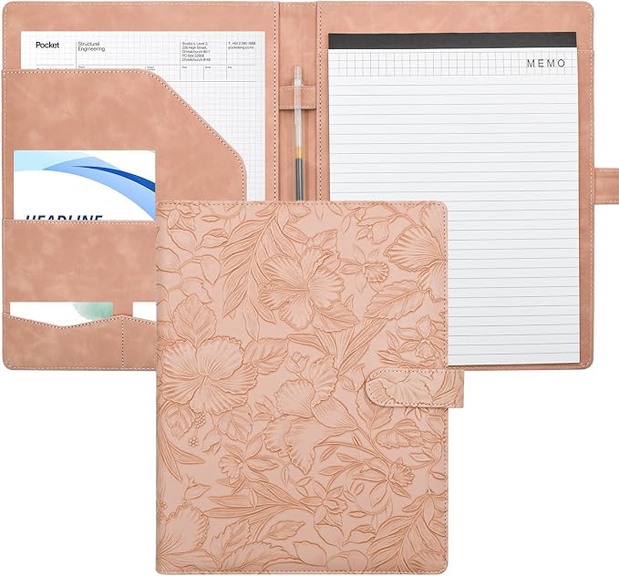 VANRA Padfolio Portfolio Binder Faux Leather Interview Resume Folder with Notepad, Document Organizer Card Holder, Letter-Sized Notepad Portfolio Organizer for Business School Office (Pink)