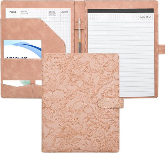 VANRA Padfolio Portfolio Binder Faux Leather Interview Resume Folder with Notepad, Document Organizer Card Holder, Letter-Sized Notepad Portfolio Organizer for Business School Office (Pink)