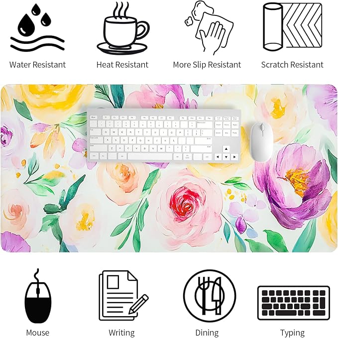 Purple Floral Desk Mat for Desktop, Women Girls Flowers PU Leather Waterproof Desk Pad, Computer PC Laptop Protector Mouse Pads for School Office Home/31.5" x 15.7"
