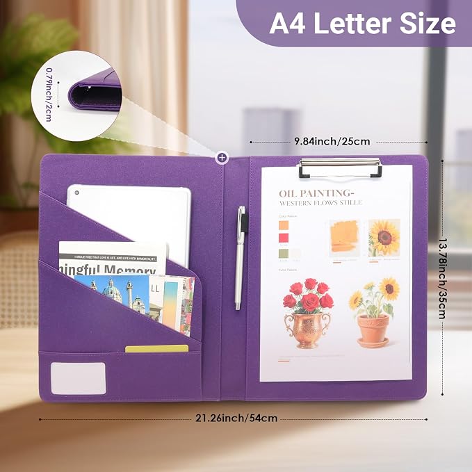 Professional Portfolio Binder, Faux Leather Padfolio for Resume, Note-Taking & Meetings, A4 Letter Writing Pad Holder for Women & Men, Purple
