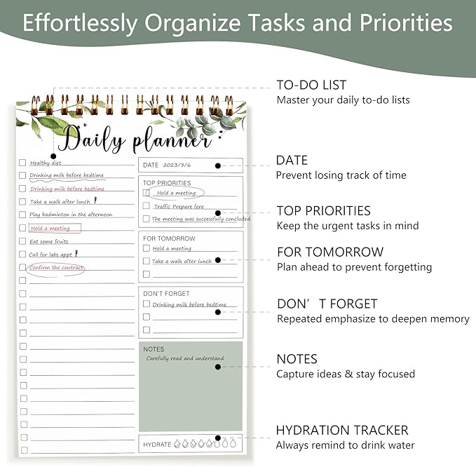 To Do List Notepad, 5.1x7.8 Inch Undated Daily Planner Spiral Notebook, 30 Sheets Multiple Functional Checklist Notepads for Office, School and Home (Green)