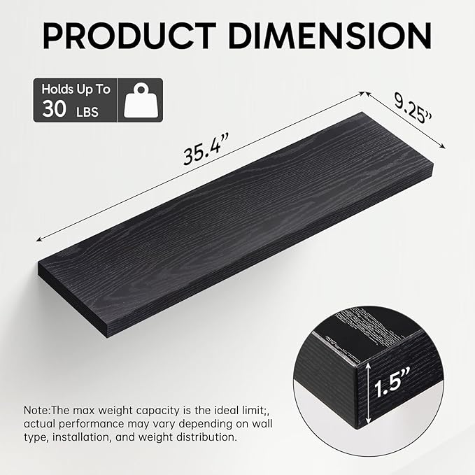 BAYKA Floating Shelves for Wall, Set of 3, 35.4 Inches Long Black Wall Mounted Rustic Wood Shelves for Bathroom, Bedroom, Living Room or Kitchen, for Book/Storage/Decor with 30lbs Capacity