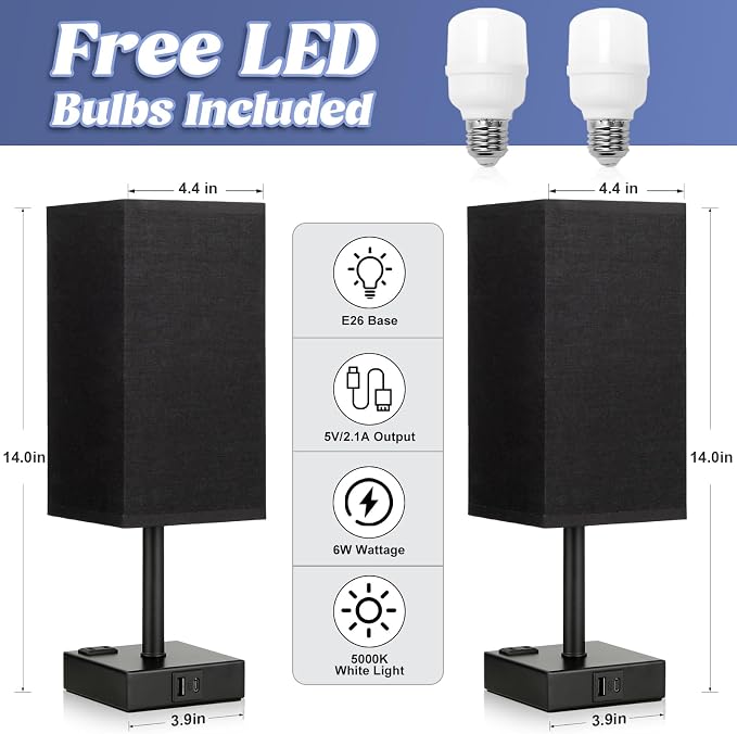 aooshine Black Lamp for Nightstand - Touch Table Lamp with Type C + A and AC Outlet, Square Charging Lamps for Bedroom Decor, Small Night Light for Office, Dorm Lamp for Men, E26 Bulb Included
