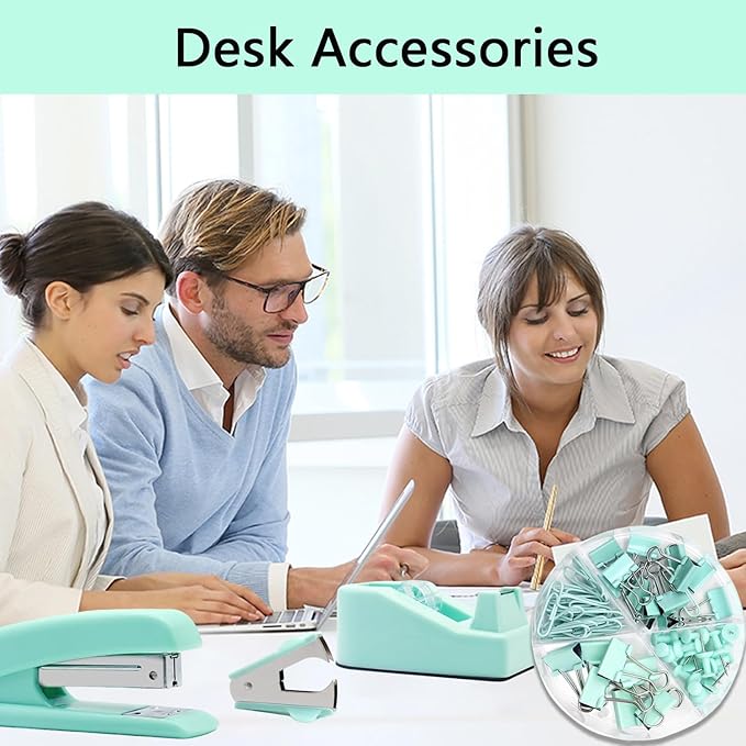 Office Supplies,Green Desk Accessories,Office Supplies Set,Stapler and Tape Dispenser Set,Scissors,Staple Remover,Binder Clips,Staples,Ballpoint Pen,Index Tabs with Ruler,Clear Tape.9pcs for Office