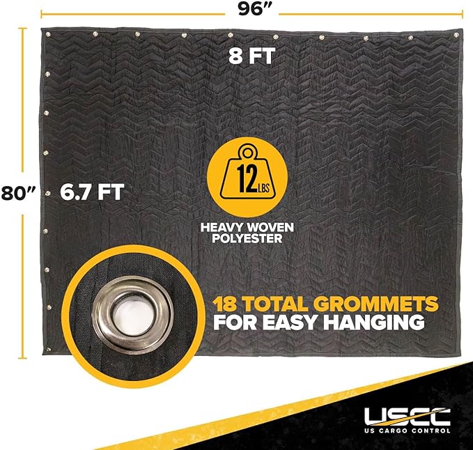 US Cargo Control 96" x 80" Extra Large Sound Dampening Blankets with Grommets (3-Pack), Light Blocking Acoustic Blankets for Wall Hanging and Studios, Machine Washable, 12LBS