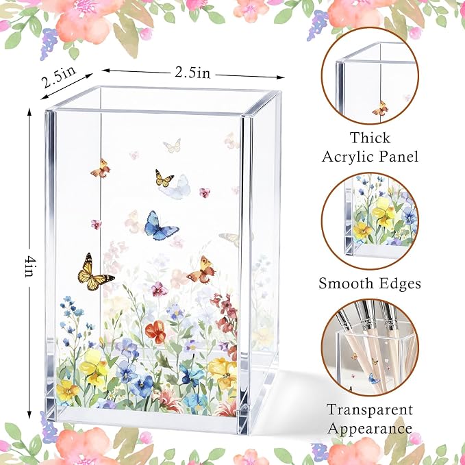 Flower Pen Holder Cup, Acrylic Pencil Organizer, Aesthetic Desk Decor, Minimalist Floral Office Accessories for Women