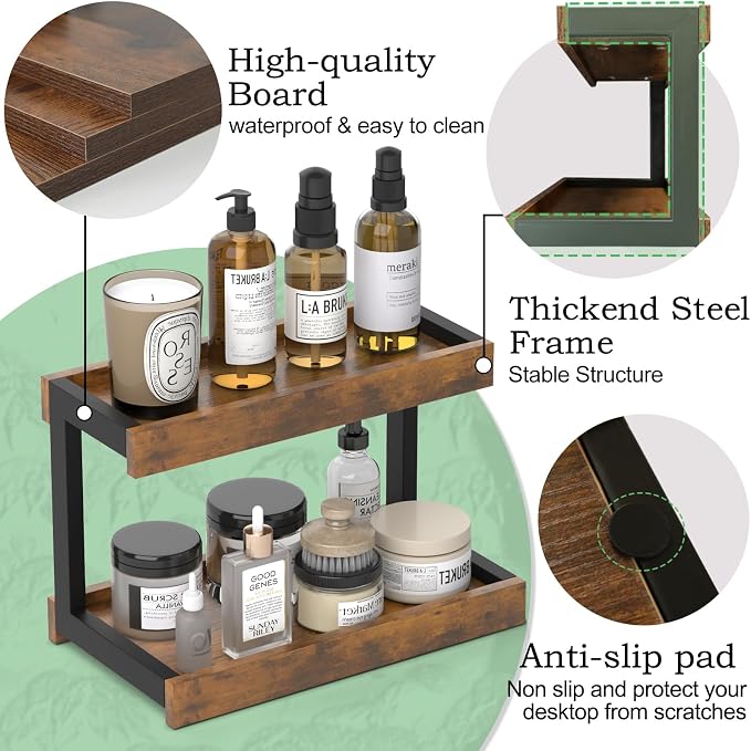 MARTY Counter Shelf Organizer, 2 Tier Spice Rack for Countertop, Brown | Coffee Bar/Station/Syrup Organizer for Countertop, 15.75''Lx8.9"W Large Desk Shelf Riser, for Kitchen Bathroom Bedroom Office