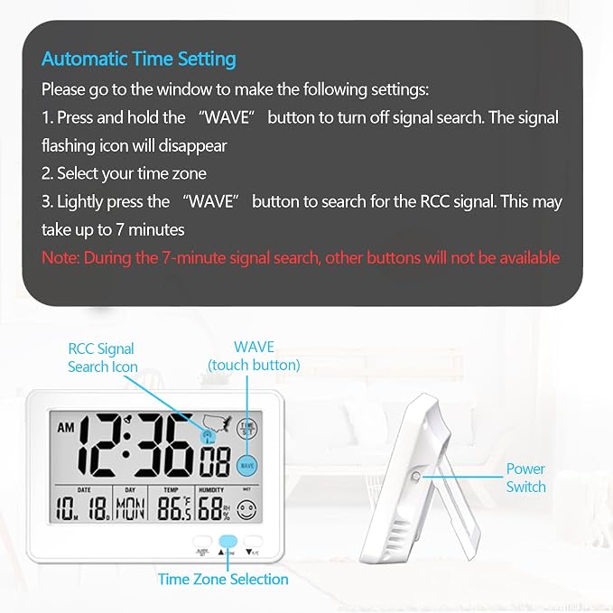 Small Desk Atomic Alarm Clock for Bedroom, Self-Calibrating Time and Date Clock with 4 Time Zone, DST, Temperature, Humidity, Alarm and Snooze for Children's Bedroom, School