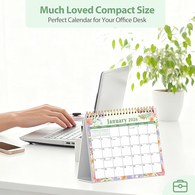 Desk Calendar 2026, Desktop Calendar 2026 Standing Flip Cover 12 Month(January - December), Small Desk Planner with Stickers & Notes for Office Accessories and Home School Supplies, 8" x 6", Floral