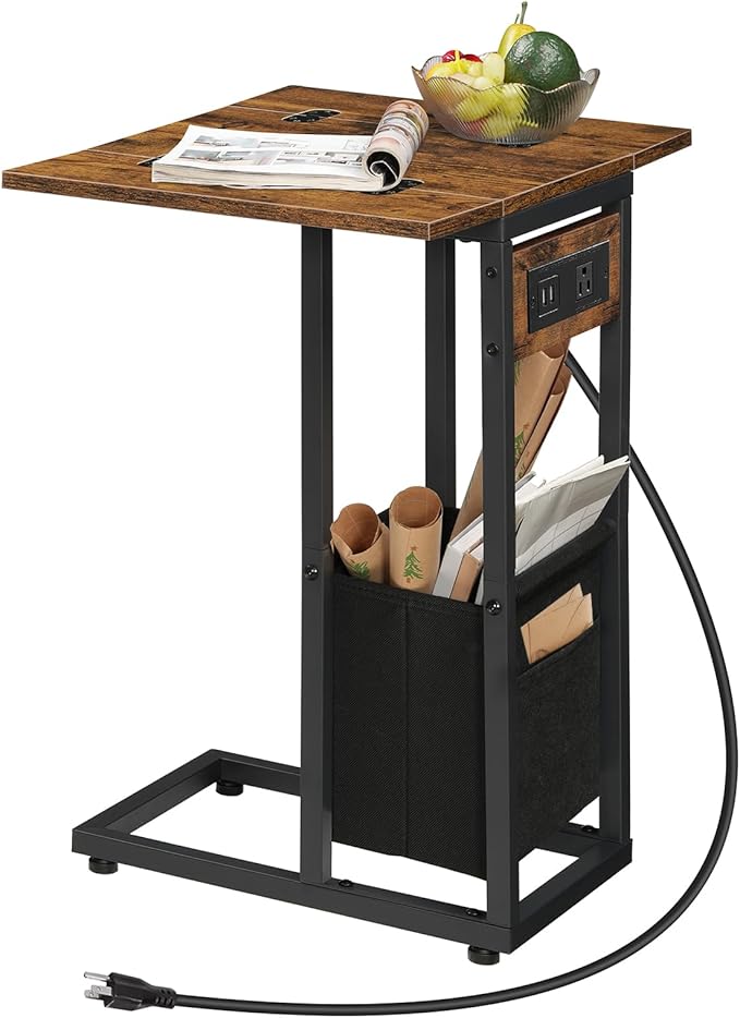 HOOBRO C Shaped Side Table with Charging Station, Foldable End Table with Fabric Bag, Sofa Couch Tray Table for Small Space in Living Room, Bedroom, Rustic Brown and Black BF30USF01