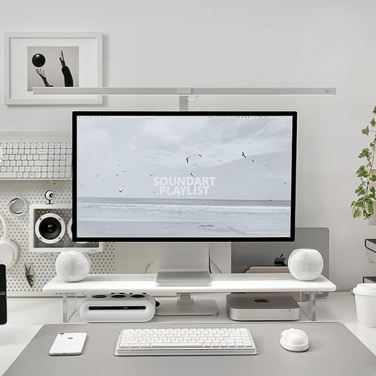 Bamboo Monitor Stand Riser with Acrylic Legs for Desk, 31.5 Inches Desktop Shelf Supports for PC Computer Monitor, Laptops, Printer, Speakers (White)
