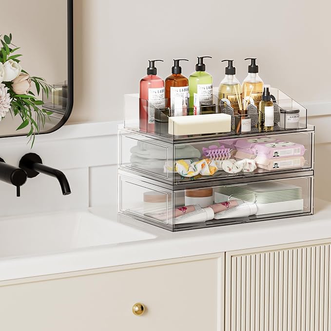Clear Stackable Makeup Organizer with Drawer, 12''W Acrylic Storage Drawers | Cosmetic Display Case for Vanity Bathroom Countertop Drawers, Beauty Holder for Lipstick Brush Skincare Perfume