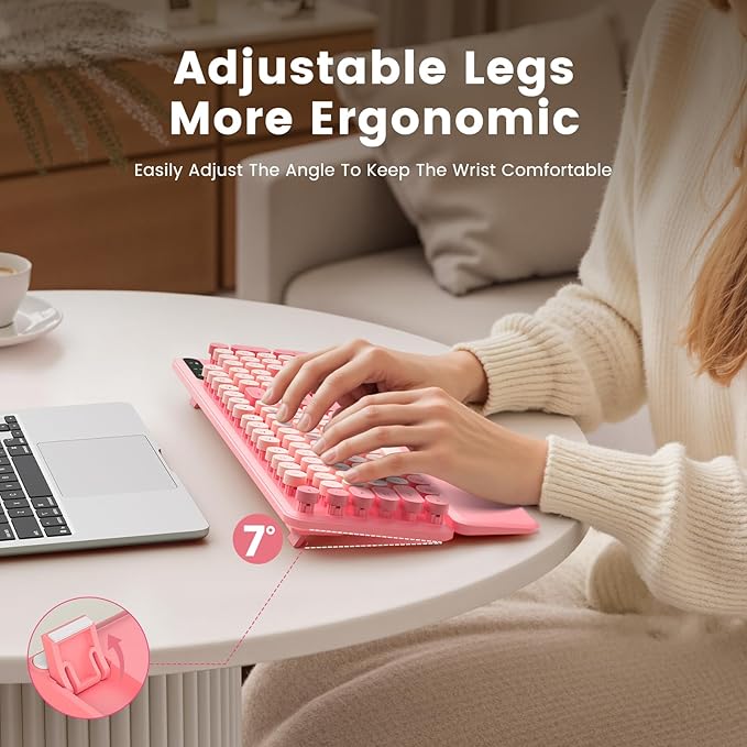 Wireless Keyboard, Round Keycaps, Retro Typewriter Keyboard with Detachable Wrist Rest, Sleep Mode, Foldable Legs, 2.4GHz Full-Size Cordless Computer Keyboard for Windows/PC/Laptop (Pale Pink Colors)