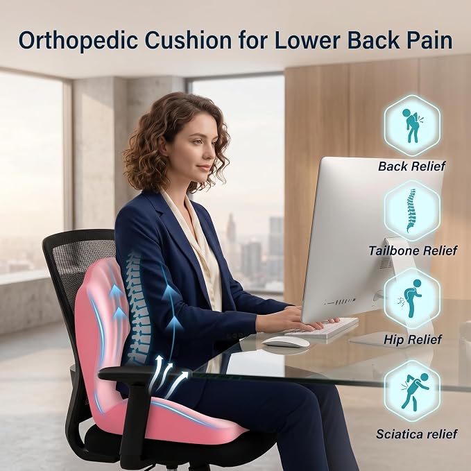 Ergonomic Seat Cushion with Lumbar Support (Pink) | Office Chair Seat Cushion, Memory Foam Orthopedic Cushion with Tailbone Hollow, Sciatica & Back Pain Relief for Long Sitting