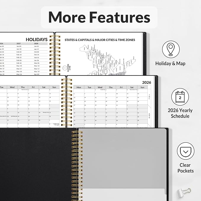 SUNEE 2026 Weekly and Monthly Planner - from January 2026 - December 2026, Daily Agenda Planner with Monthly Tab, Flexible Cover, Note Pages, Pockets, Bookmark, Spiral Binding, Black, 8.5"x11"