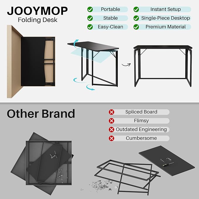 JOYMOOP Black 40" Folding Desk, No Assembly Small Foldable Desk for Home, Office, Wooden Top Folding Computer Desk for Working, Writing, Studying - Middle Size