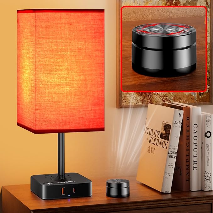 cozoo Bedside Table Lamp for Bedroom, 3 Way Dimmable & Remote Control Stepless Dimming Touch Nightstand Lamp, 2 USB Ports and 2 AC Outlets, Small Desk Light for Living Room, Bed, Study, Red