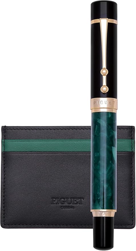 Piguet Genève – Luxury Fountain or Rollerball Pen Business Gift Set with Genuine Leather Card Holder, Premium Office Executive Gift (Fountain Pen, Marble Vert Set)