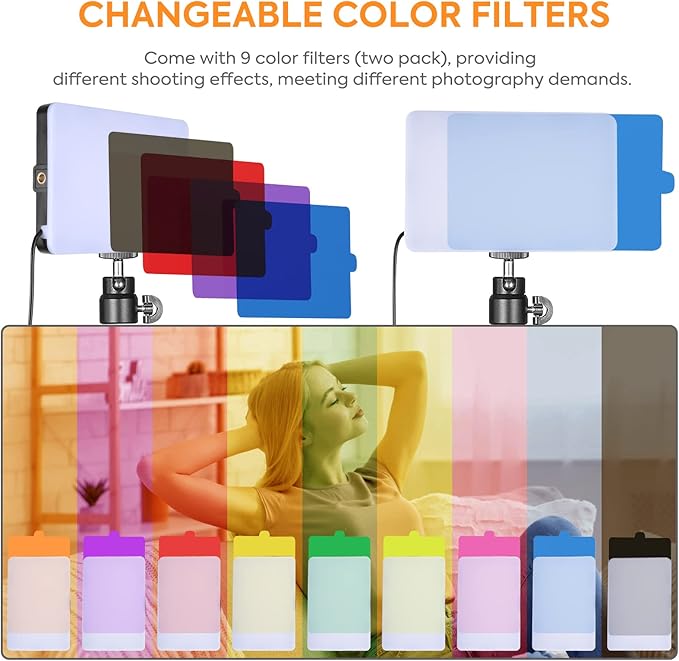 LED Video Light Kit 2 Pack 6500K Dimmable Streaming Lights USB Key Light Photography Lighting with 9 Color Filters Adjustable Tripod for Photography/Video Recording/Video Conference Lighting