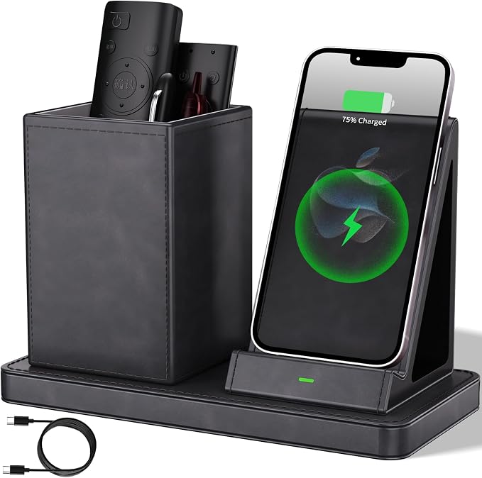 LADSTAG Multi-Functional Pencil Holder for Desk,Gray Vegan Leather Organizers with Remote Control Holder,Pencil Holder,Desk Organizer with Phone Wireless Charger for Office/Nightstand/Endtable