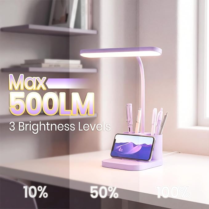 AXX Purple Desk Lamp for Home Office, Cute LED Table Light for Bedroom, College Dorm Room Kawaii Accessories for Kids Teen Girls