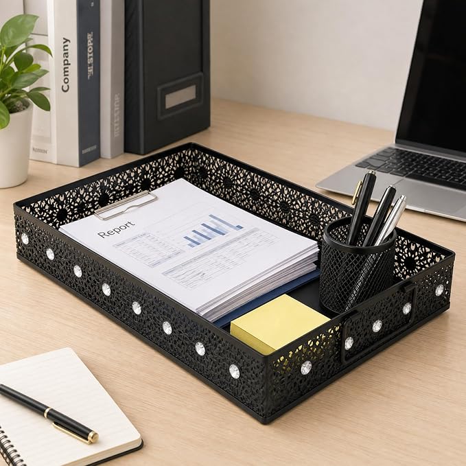 Desk Drawer Organizer, A4 Large Metal Mesh Desk Rrganizer Tray, Versatile Storage Box Set for Office Home Supplies,Carved Hollow Floral Desk Tray, 13 x 9 inches (2, Rhinestones)