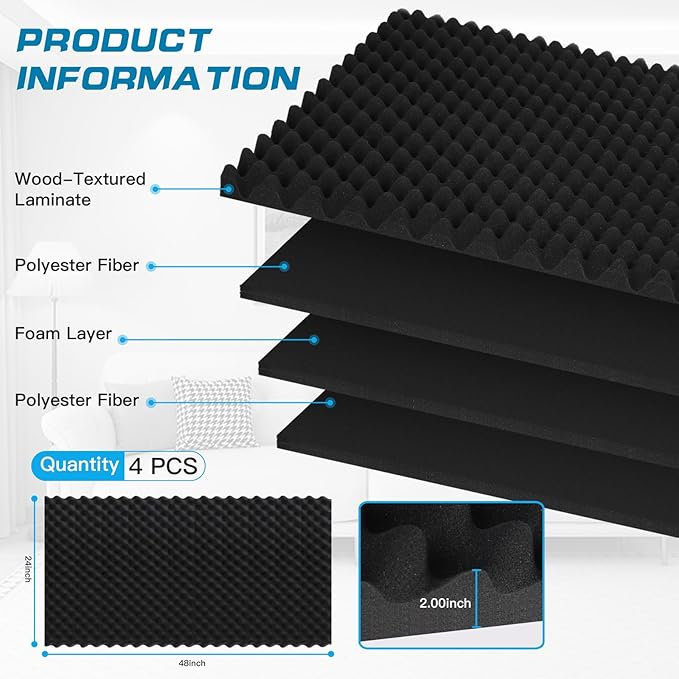 2 Pack Acoustic Panels,48X24X2 Inches Egg Crate Foam soundproof wall Panels,Sound Proof Foam Panels for Walls, Noise dampening Panels,Sound Panels, Studio Foam for Wall and Ceiling
