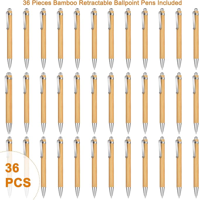 Outus 36 Pieces Bamboo Wooden Retractable Ballpoint Pen Black Ink 1 mm Pens Refills Products Set for Gifts Writing Office School Student Supplies