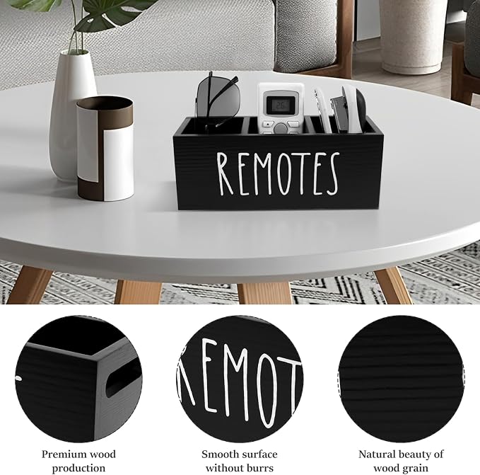 Remote Control Holder, Wooden TV Remote Holder for Table, 3-Compartments Bedside TV Controller Caddy, Wood Remote Organizer Box, Multi-functional Media Organizer Tray for Home Bedroom Nightstand