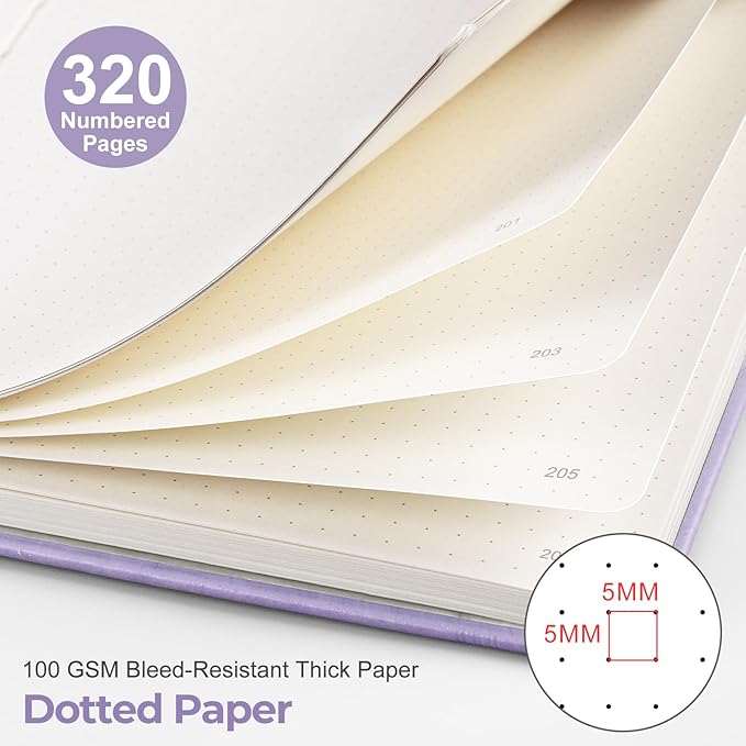EMSHOI A5 Dotted Notebook Journal, 320 Pages 100gsm Thick Dotted Paper, Hardcover Leather Journal with Pen Holder & Inner Pocket, Dot Grid Notebook for Journaling, 5.75"x8.38", Light Purple