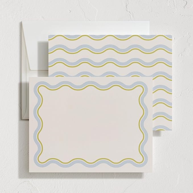 Minted Squiggled Stationery Set, Set of 10, Flat Note Cards & Envelopes for Invitiations and Handwritten Thank You Messages, Pale Blue & Chartreuse Border, Gifts for Men and Women, Luxurious Paper