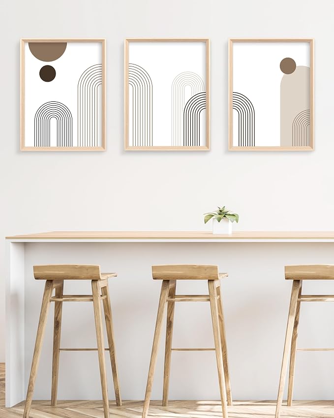 HesenDot 12x16IN Boho Arch High Framed Wood Design Wall Art Set of 3 | Modern Neutral Line Canvas Prints, Mid Century Minimalist Wall Decor for Living Room Bedroom Bathroom Hallway Office