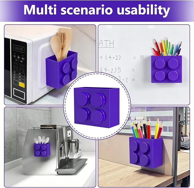 Magnetic Basket Organizer for Fridge - Lego-Style ABS Plastic Storage Box,No Drill Design for Kitchen Counter, Microwave & Whiteboard, Holds Up to 3.5 lbs (deep purple)