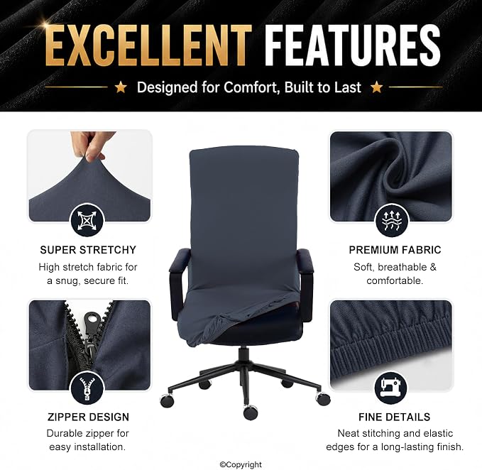 Elastic Computer Chair Cover with Durable Zipper - Protective Removable Washable Universal Office Desk Chair Seat Slip Cover - Stretchy Soft Anti-dust Desk Chair Seat Protector for Dogs, Cats, Pets
