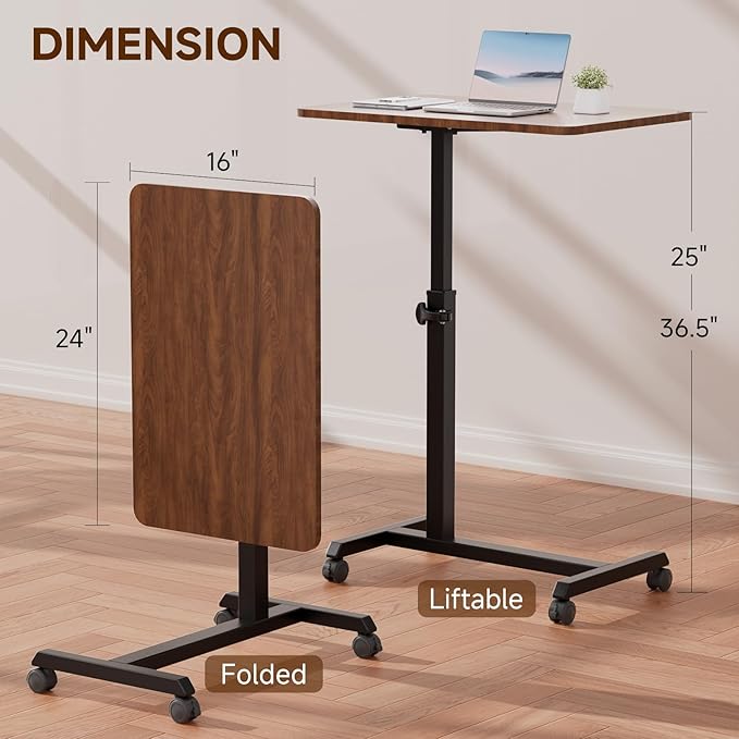 GTPLAYER Small Standing Desk, 24 Inches Mobile Foldable Rolling Laptop PC Table with Lockable Casters, Adjustable Height Overbed Bedside Table Computer Workstation for Home Office, Walnut
