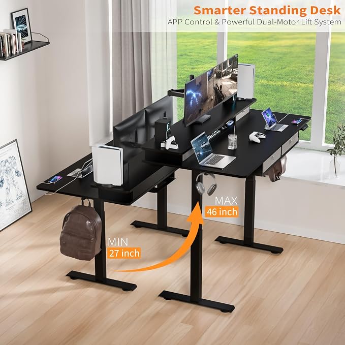 55 * 30 Inches Electric Standing Desk Adjustable Height with 4 Drawers, Double Storage Shelves Stand Up Desk, Home Office Workstation Sit Stand Desk (Classical Black)