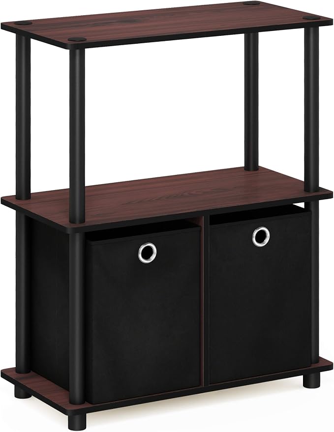 Furinno TURN-N-TUBE Storage Shelves, 3-Tier Toolless Book Shelf with Storage Bins, Display Shelf, for Organization and Storage, Living Room, Garage, Home Office, Dark Cherry