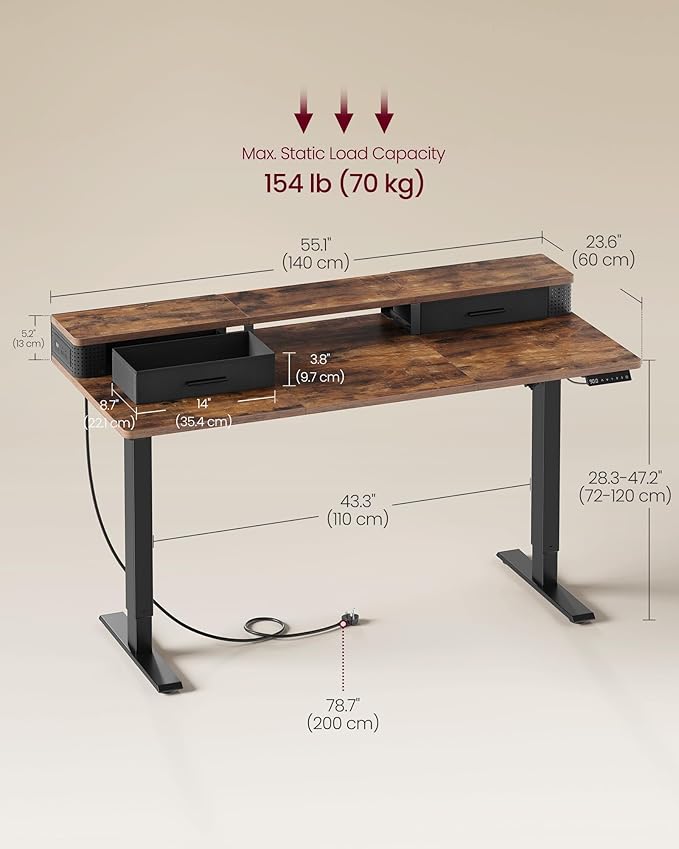 VASAGLE Electric Standing Desk with Drawers, Sit Stand Desk with Built-in Power Strip, Adjustable Height, 55.1 x 23.6 Inches, 2 Hooks, Memory Function, for Home Office, Rustic Brown ULSD184KD01