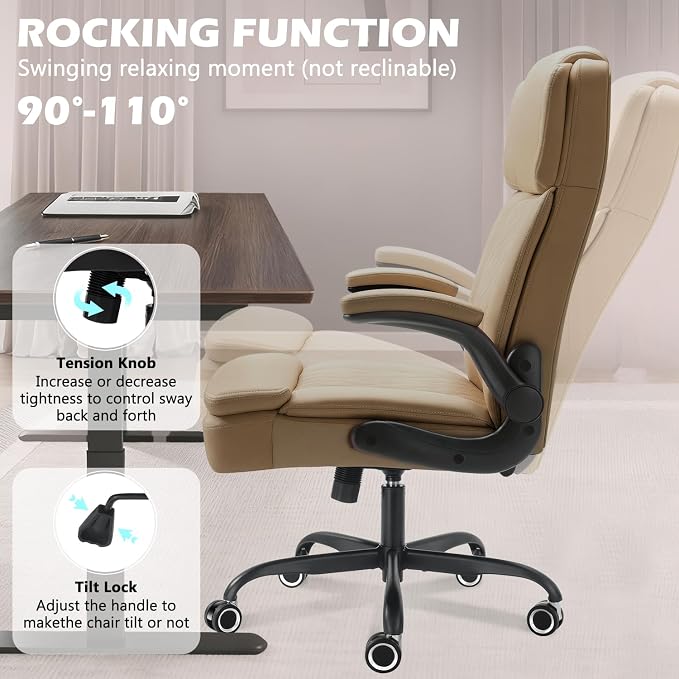 450 LBS Big and Tall Executive Office Chair with Flip up Arm, Heavy Duty Leather Computer Desk Chair,Comfortable High Back Swivel Home Office Chair with Rolling for Adults (Yellow)