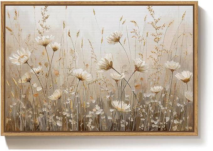 Framed Vintage Floral Wall Art, Neutral Rustic Botanical Flower Market Canvas Artwork for Modern Farmhouse, White Gold Wildflower Painting Prints for Living Room Bedroom Kitchen Dining Room, 24x36 In
