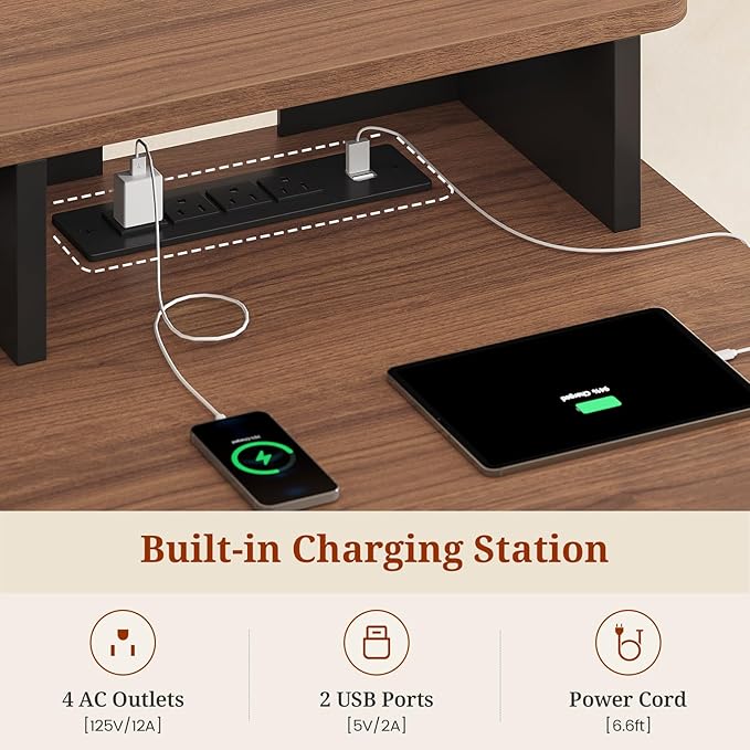Standing Desk Adjustable Height, 70" Executive Electric Office Desk, Sit Stand Computer Desk with Storage Drawer, Power Outlets, Led Lights, Monitor Stand, Printer Space, Pegboard Black&Walnut
